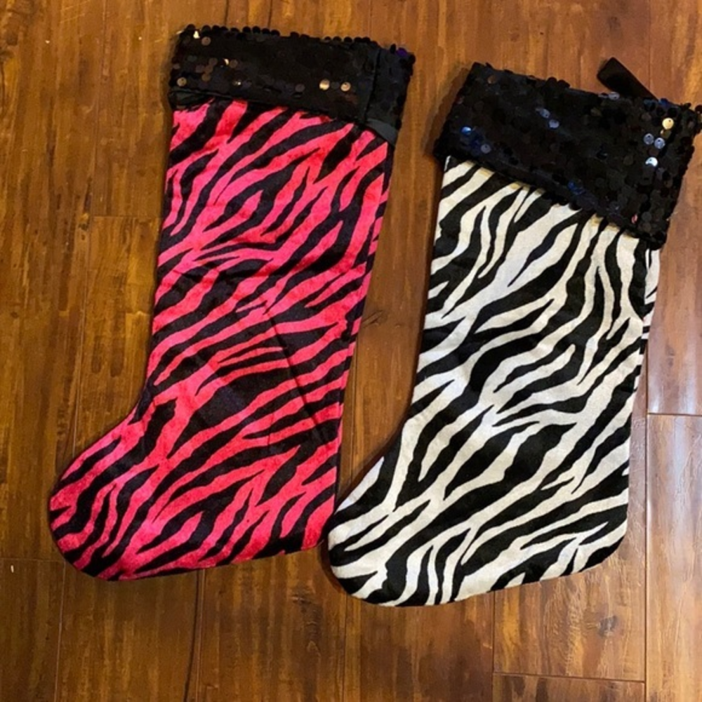 Set of 2 Zebra Print Christmas Stockings Pink Black White Sequin Cuff Glam